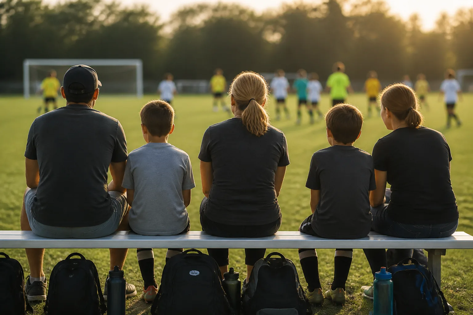 Families watching a youth match from the sideline bench at golden hour